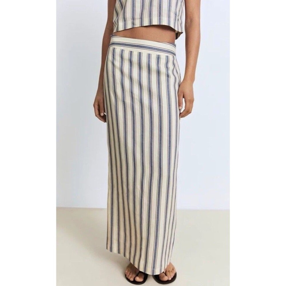 MANGO Striped Linen Long High Rise Skirt Ecru Blue Brown Slit side Zip size 6